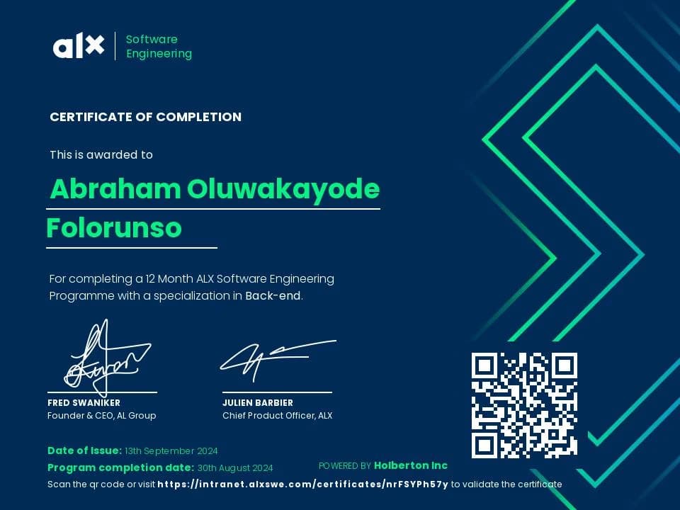 ALX Software Engineering certificate of completion, back-end specialization