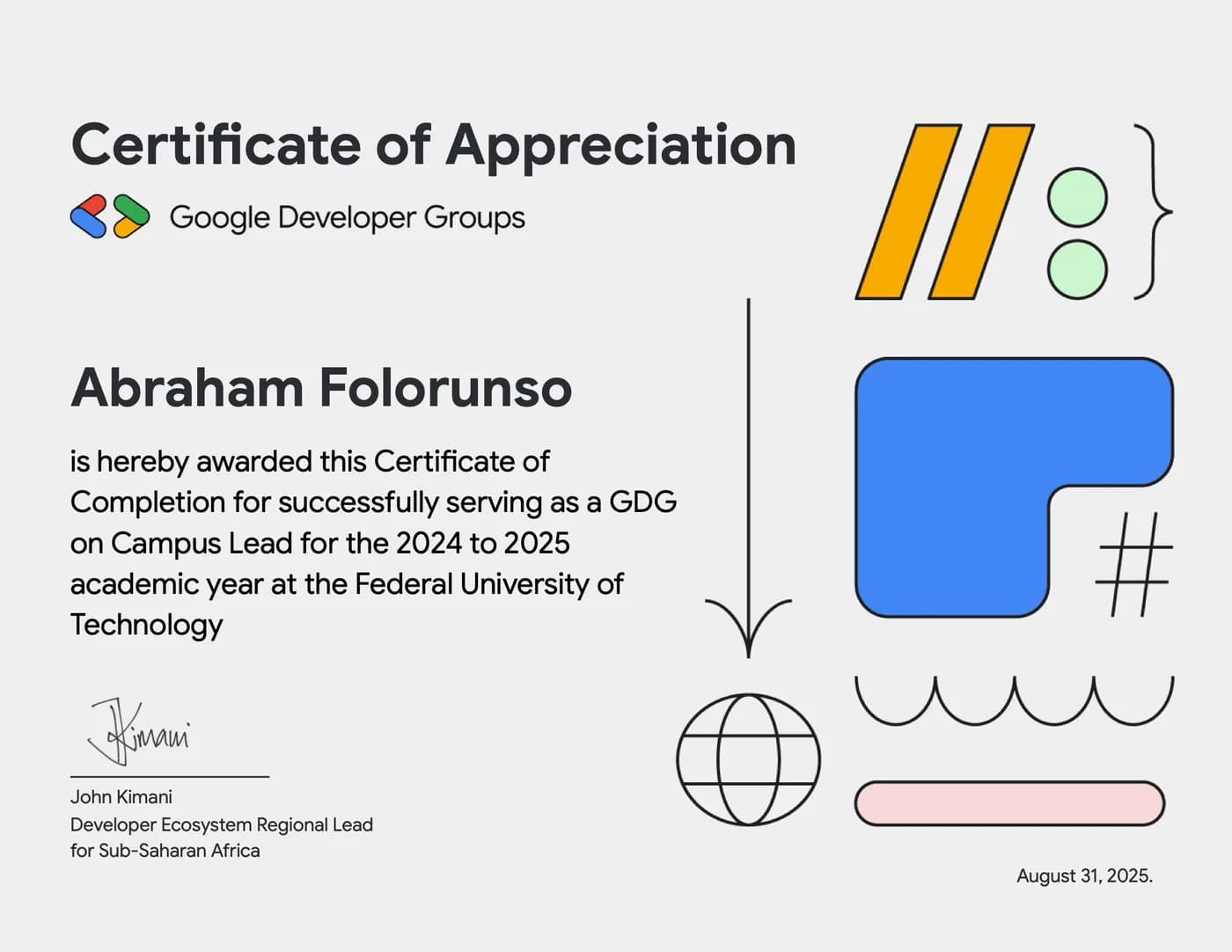 Google Developer Groups certificate of appreciation for serving as GDG on Campus Lead at FUT Minna, 2024 to 2025