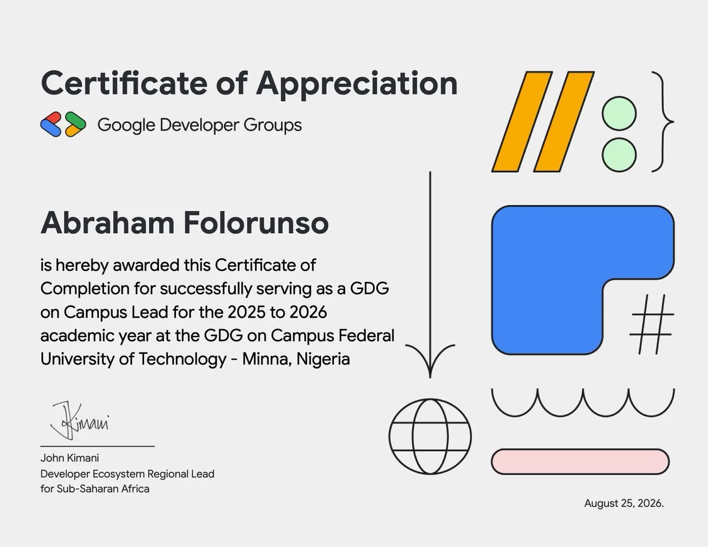 Google Developer Groups certificate of appreciation for serving as GDG on Campus Lead at FUT Minna, 2025 to 2026