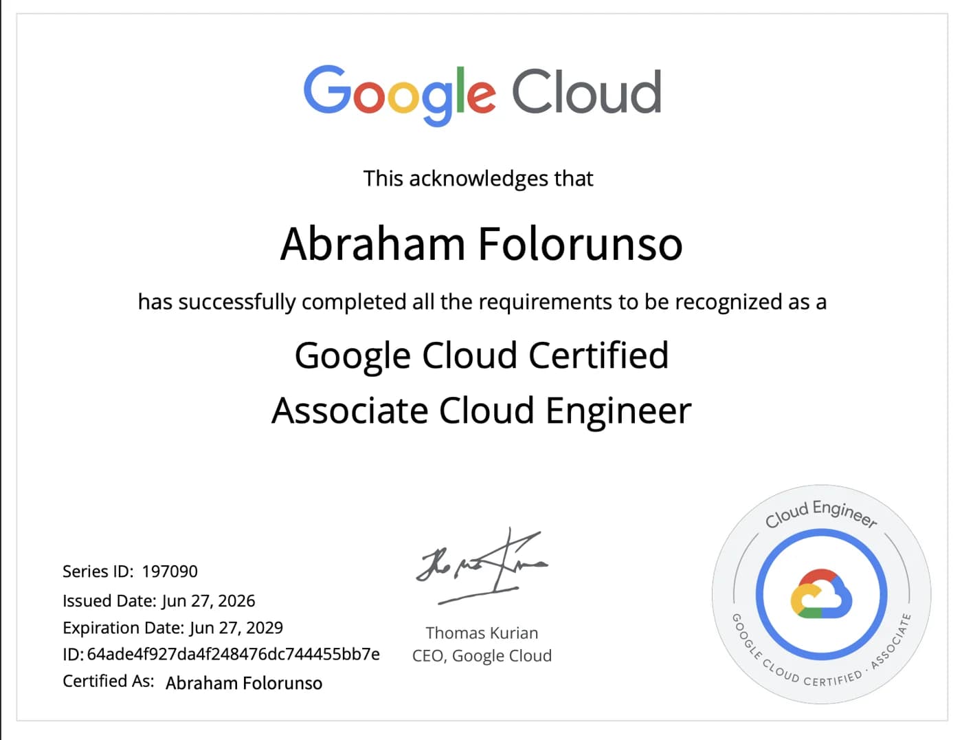Google Cloud Certified Associate Cloud Engineer certificate
