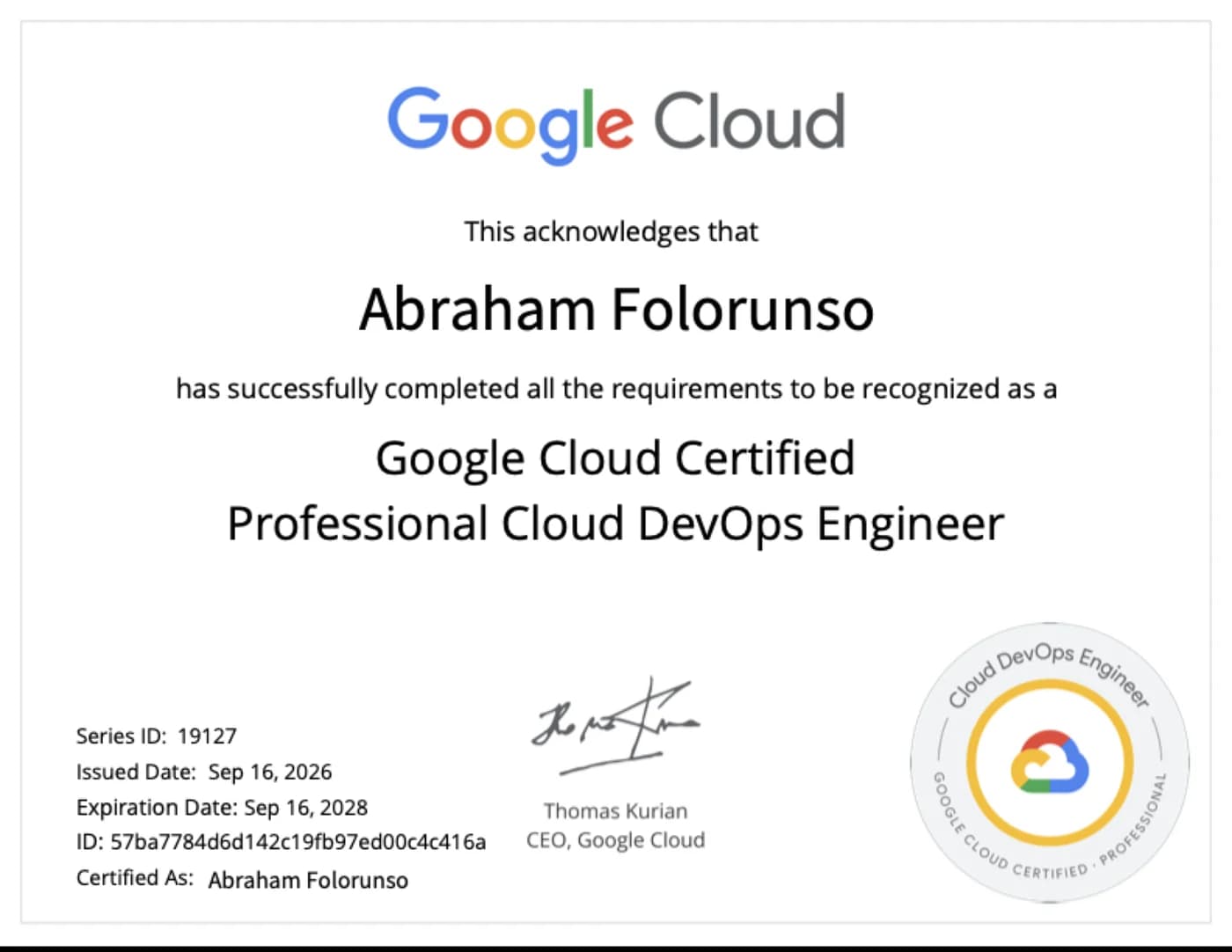 Google Cloud Certified Professional Cloud DevOps Engineer certificate