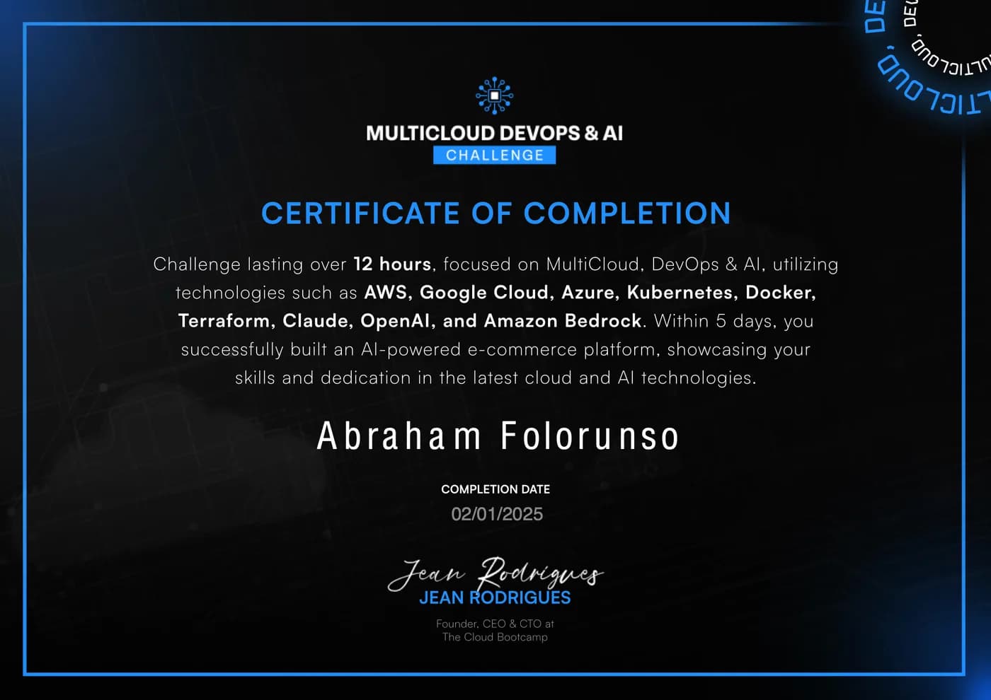 The Cloud Bootcamp Multicloud DevOps & AI Challenge certificate of completion