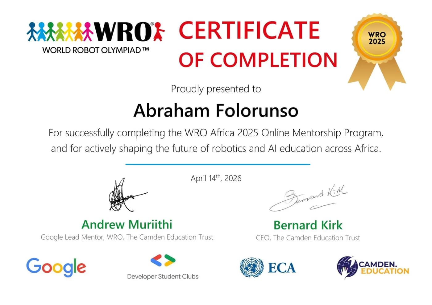 World Robot Olympiad certificate of completion for the WRO Africa 2025 Online Mentorship Program