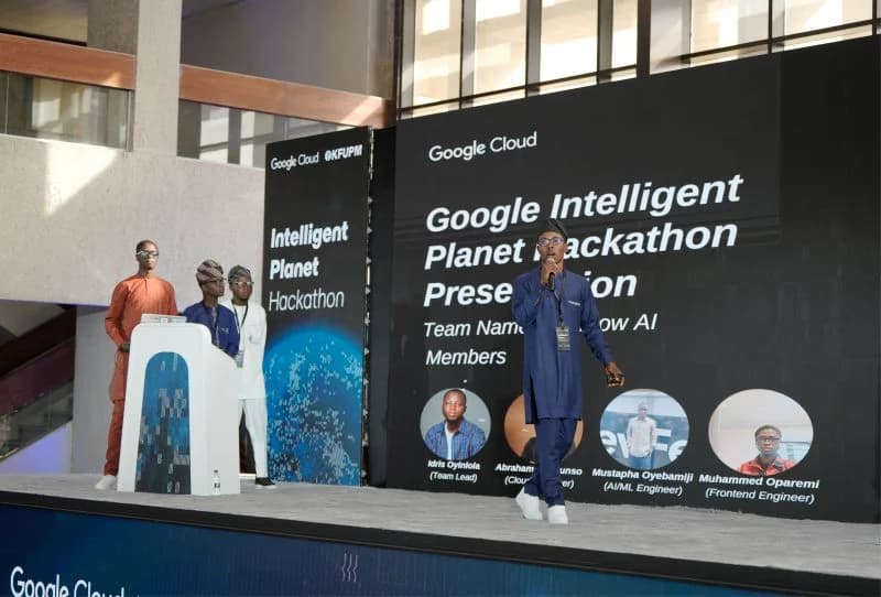 Presenting EcoFlow AI on stage at the Google Intelligent Planet Hackathon, KFUPM