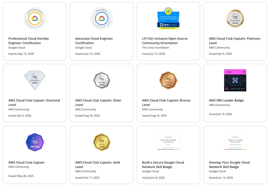 Google Cloud certification badges, a Linux Foundation badge and AWS Cloud Club Captain badges