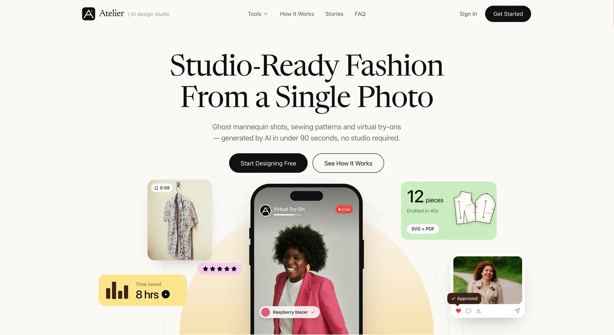 Atelier landing page — “Studio-Ready Fashion From a Single Photo”
