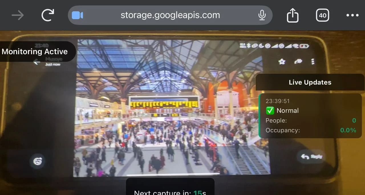 EcoFlow AI monitoring a live camera feed of a crowded concourse
