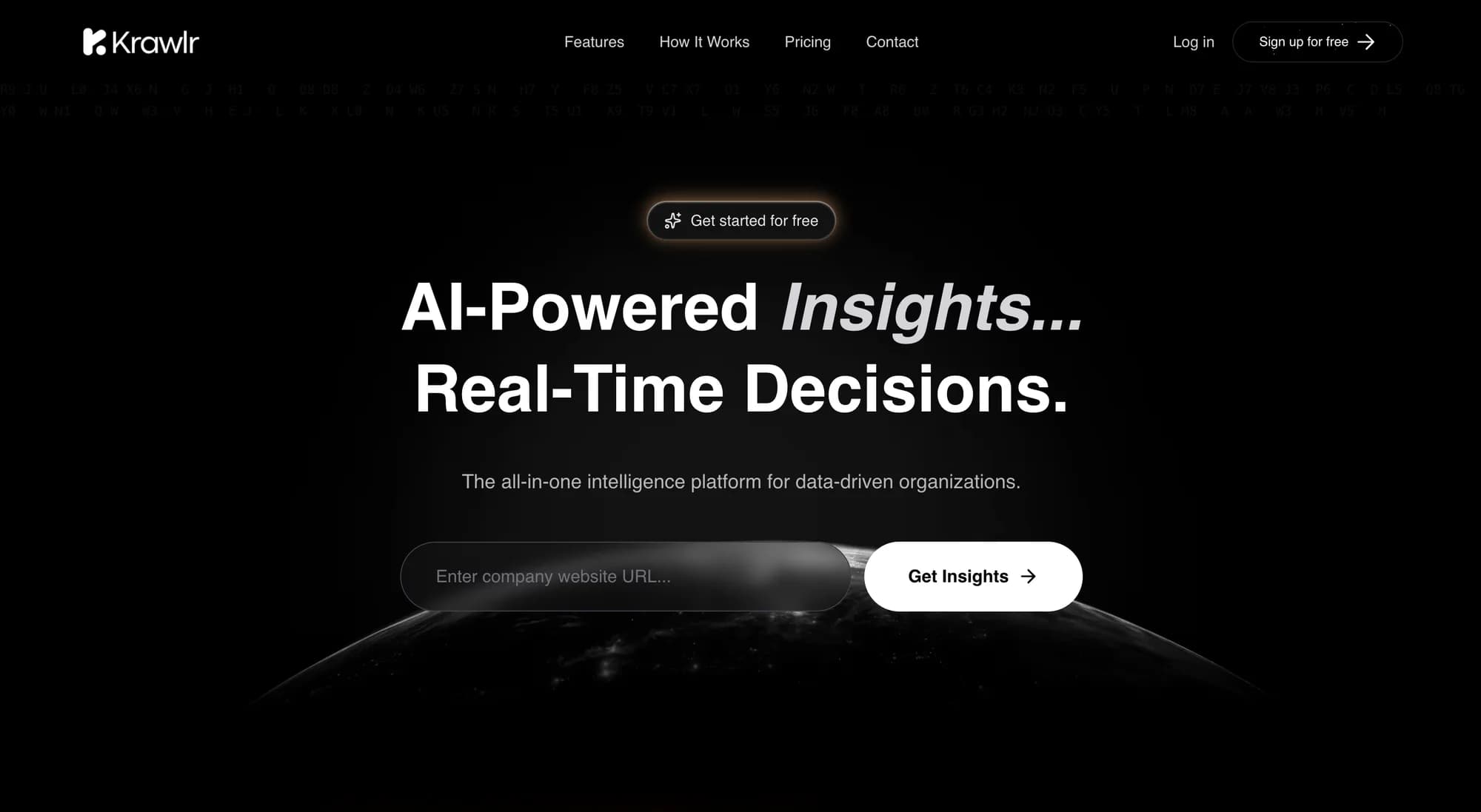 Krawlr landing page — “AI-Powered Insights… Real-Time Decisions.”