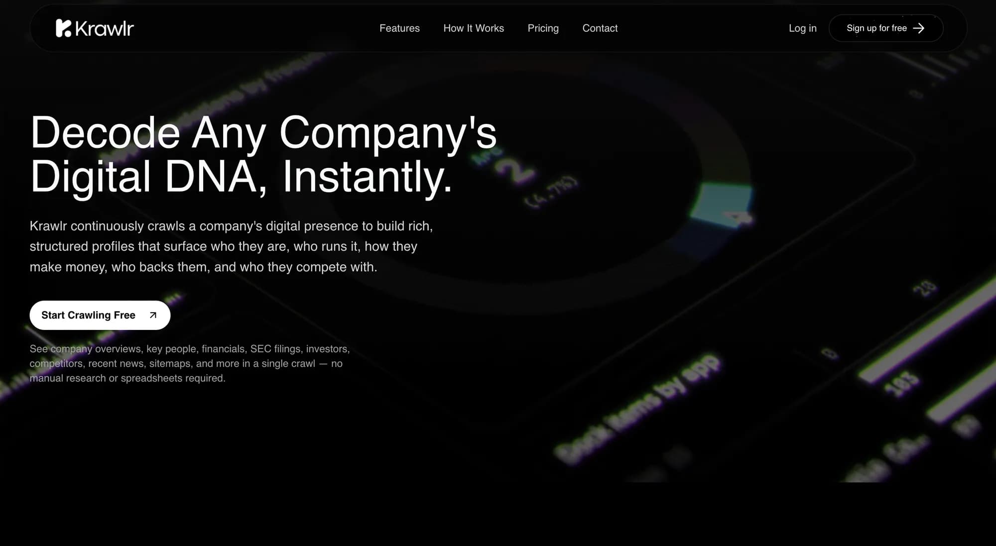 Krawlr landing section — “Decode Any Company’s Digital DNA, Instantly.”