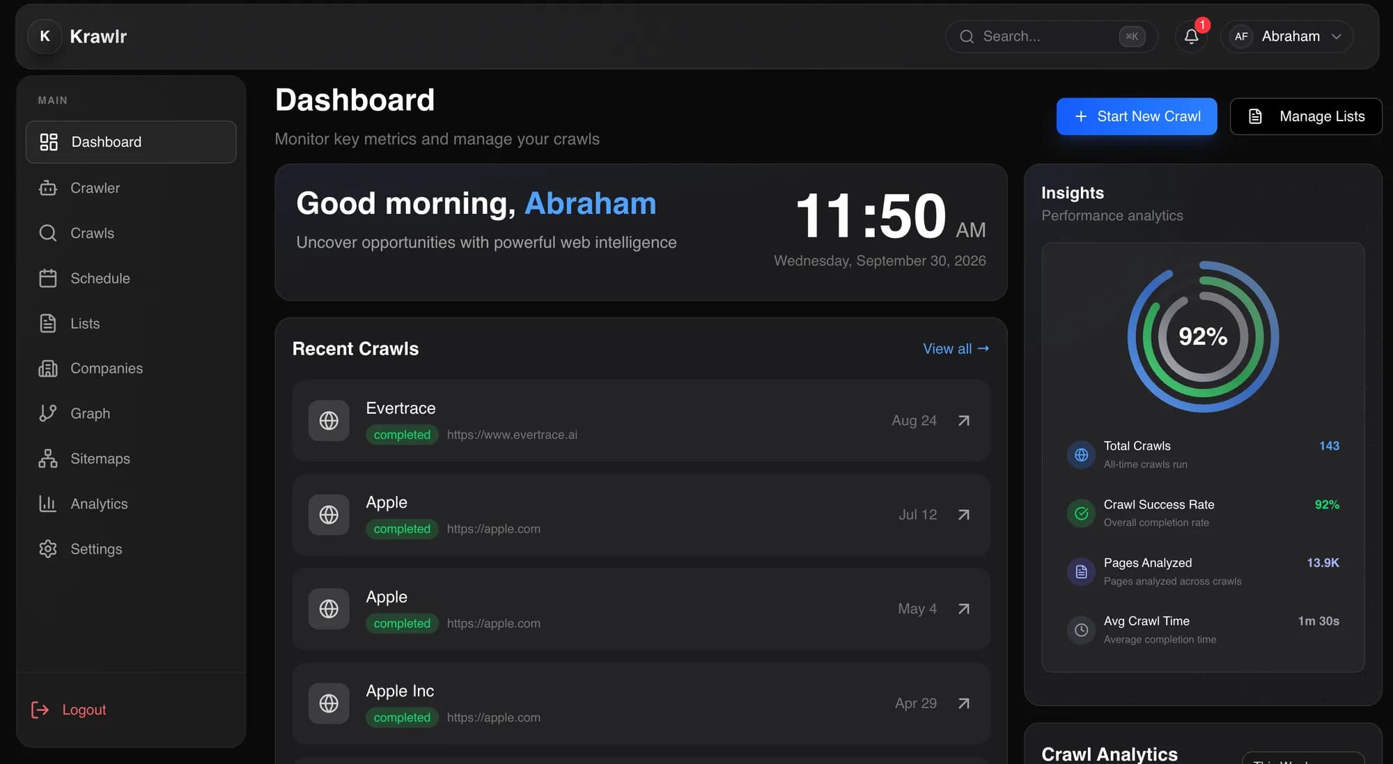 Krawlr dashboard with recent crawls and crawl analytics