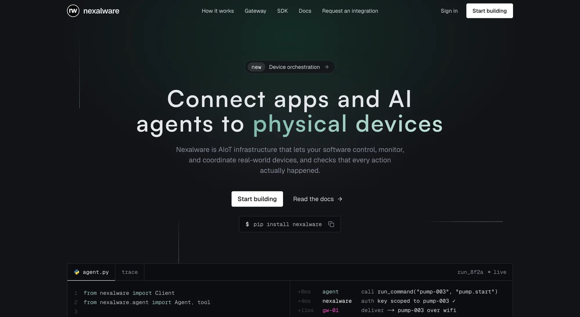 Nexalware landing page — “Connect apps and AI agents to physical devices”