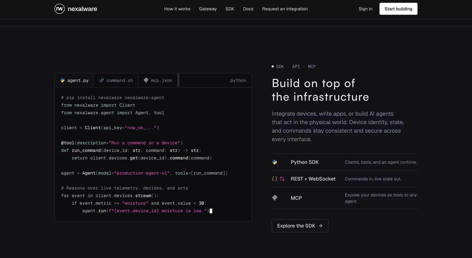 Nexalware — build on top of the infrastructure with the Python SDK, REST + WebSocket and MCP