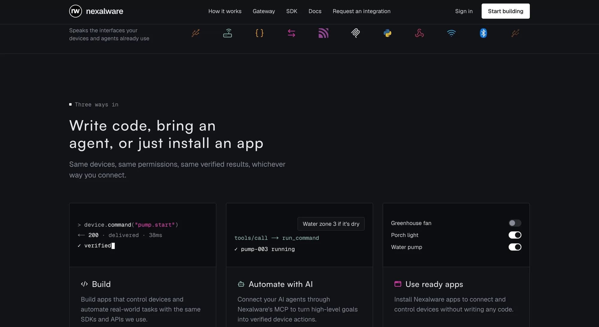 Nexalware — three ways in: build with the SDK, automate with AI agents over MCP, or use ready apps
