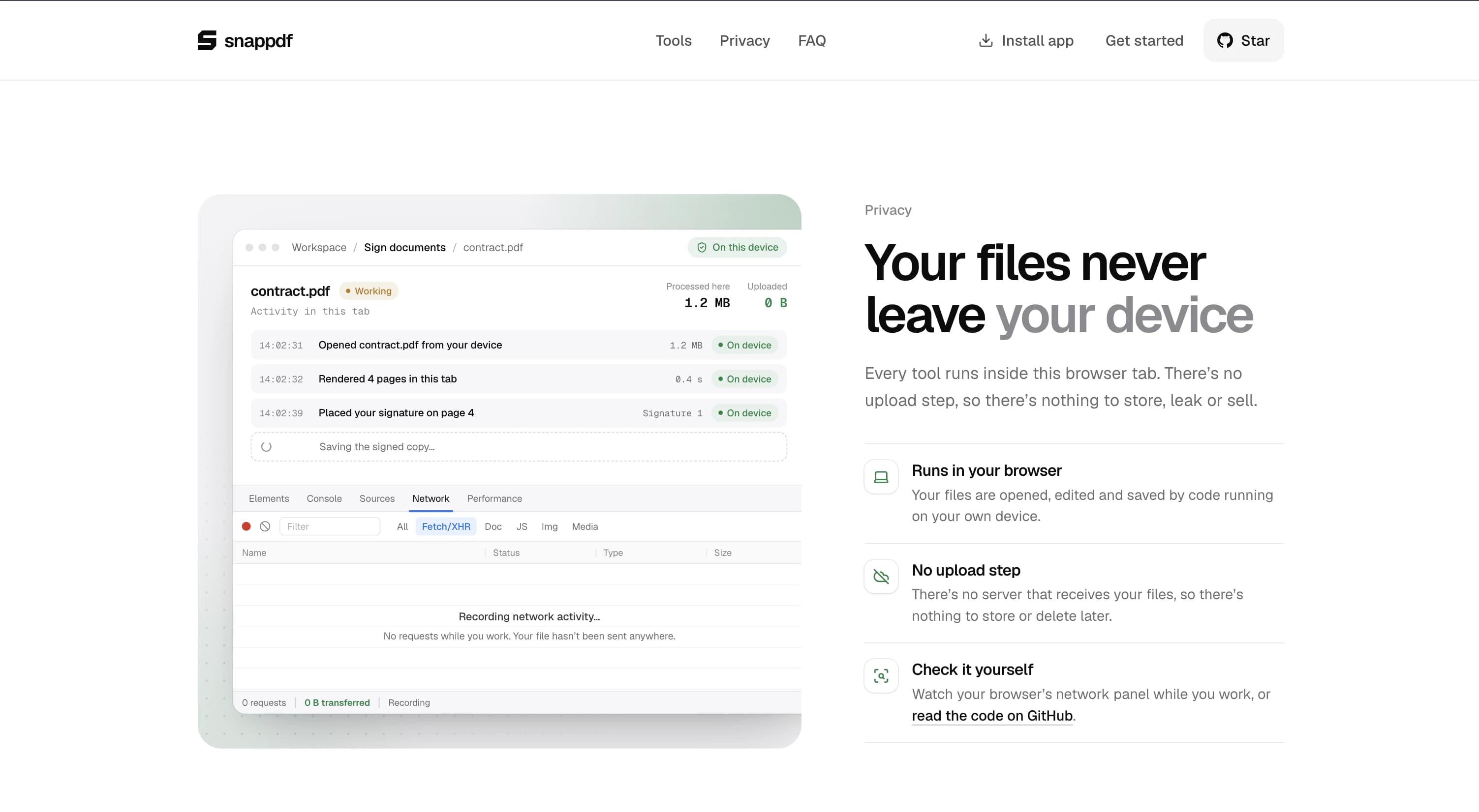 snappdf landing page — “The ultimate PDF workspace. Zero paywalls.”