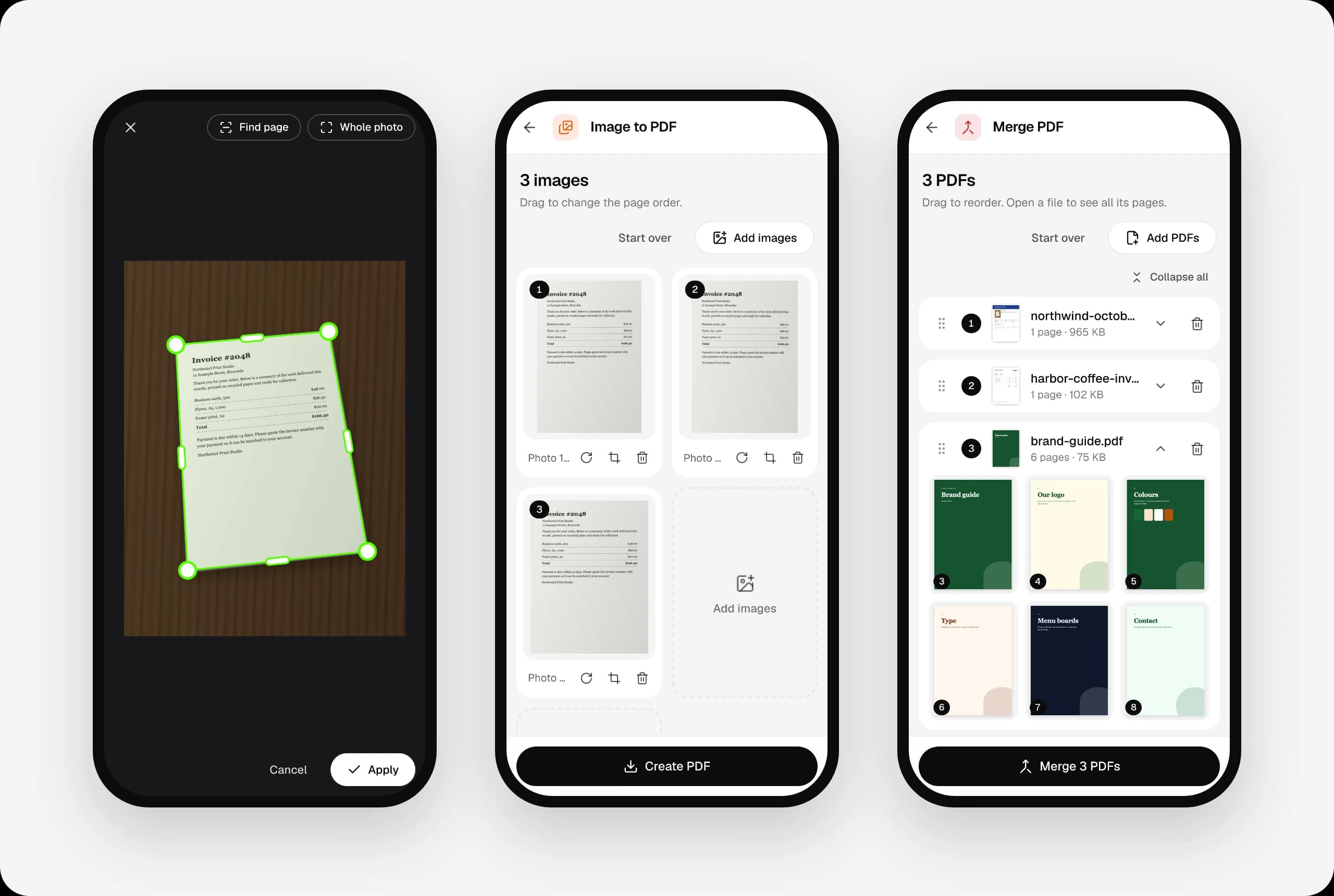 snappdf on mobile — the camera scanner auto-cropping a page, and the PWA merging PDFs