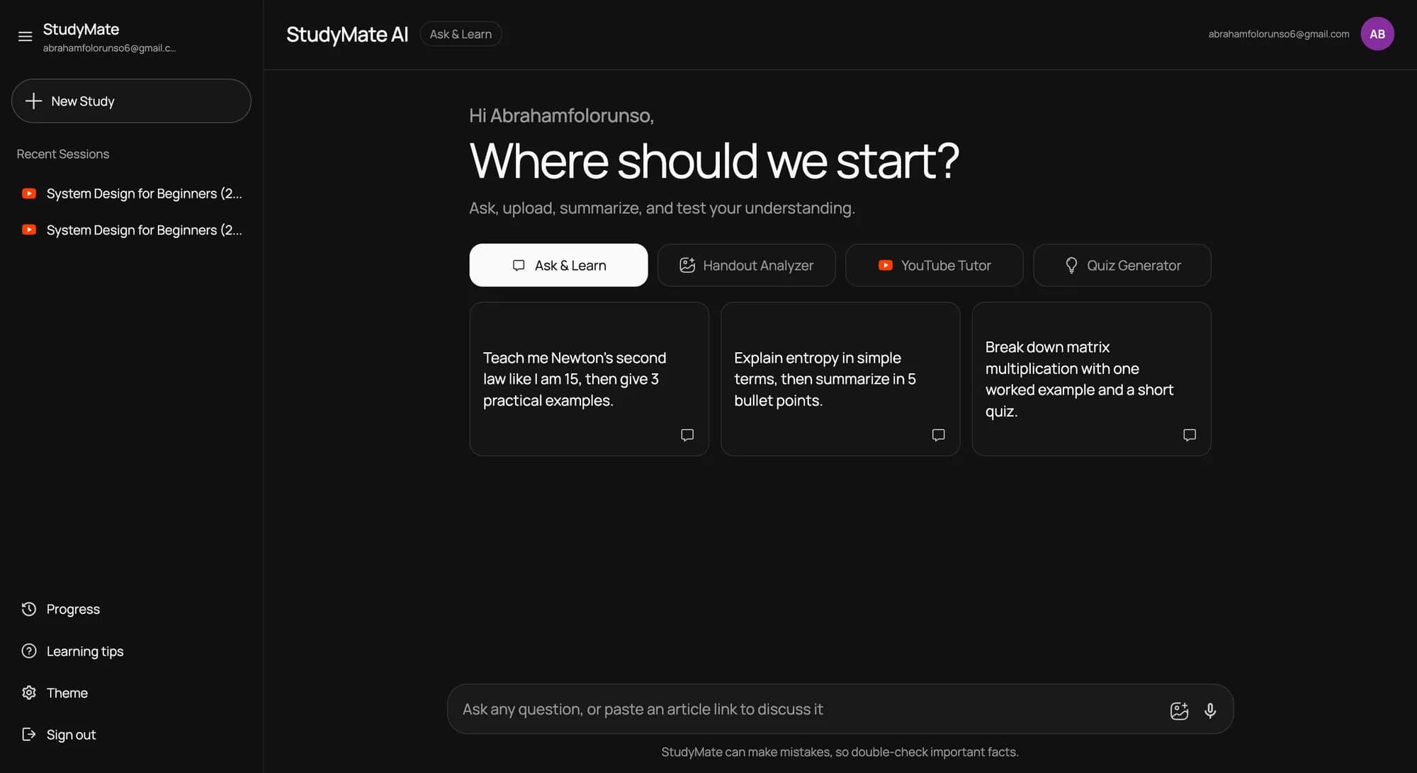 StudyMate home — Ask & Learn, Handout Analyzer, YouTube Tutor and Quiz Generator modes