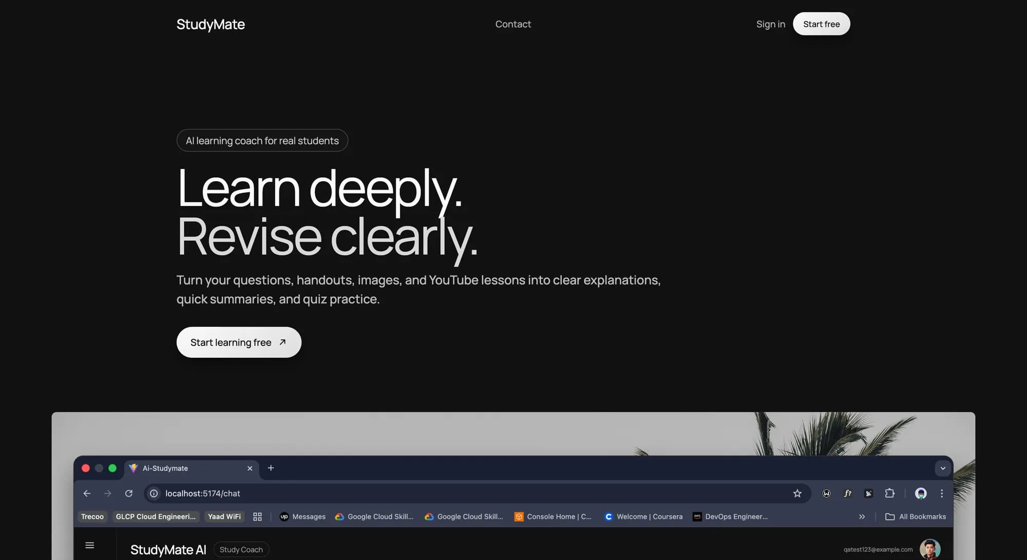 StudyMate landing page — “Learn deeply. Revise clearly.”