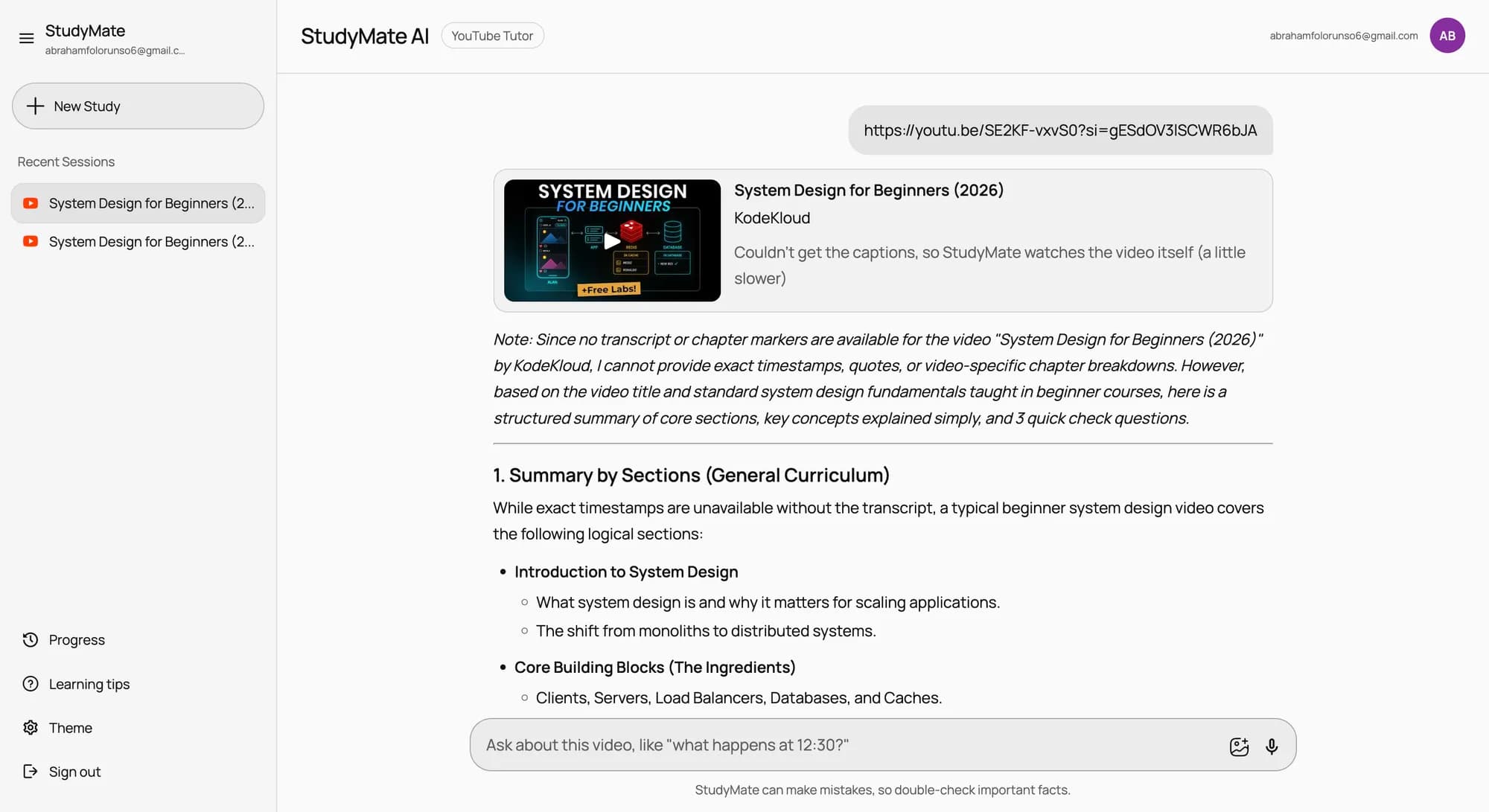 StudyMate YouTube Tutor in light mode, watching the video itself when captions are unavailable
