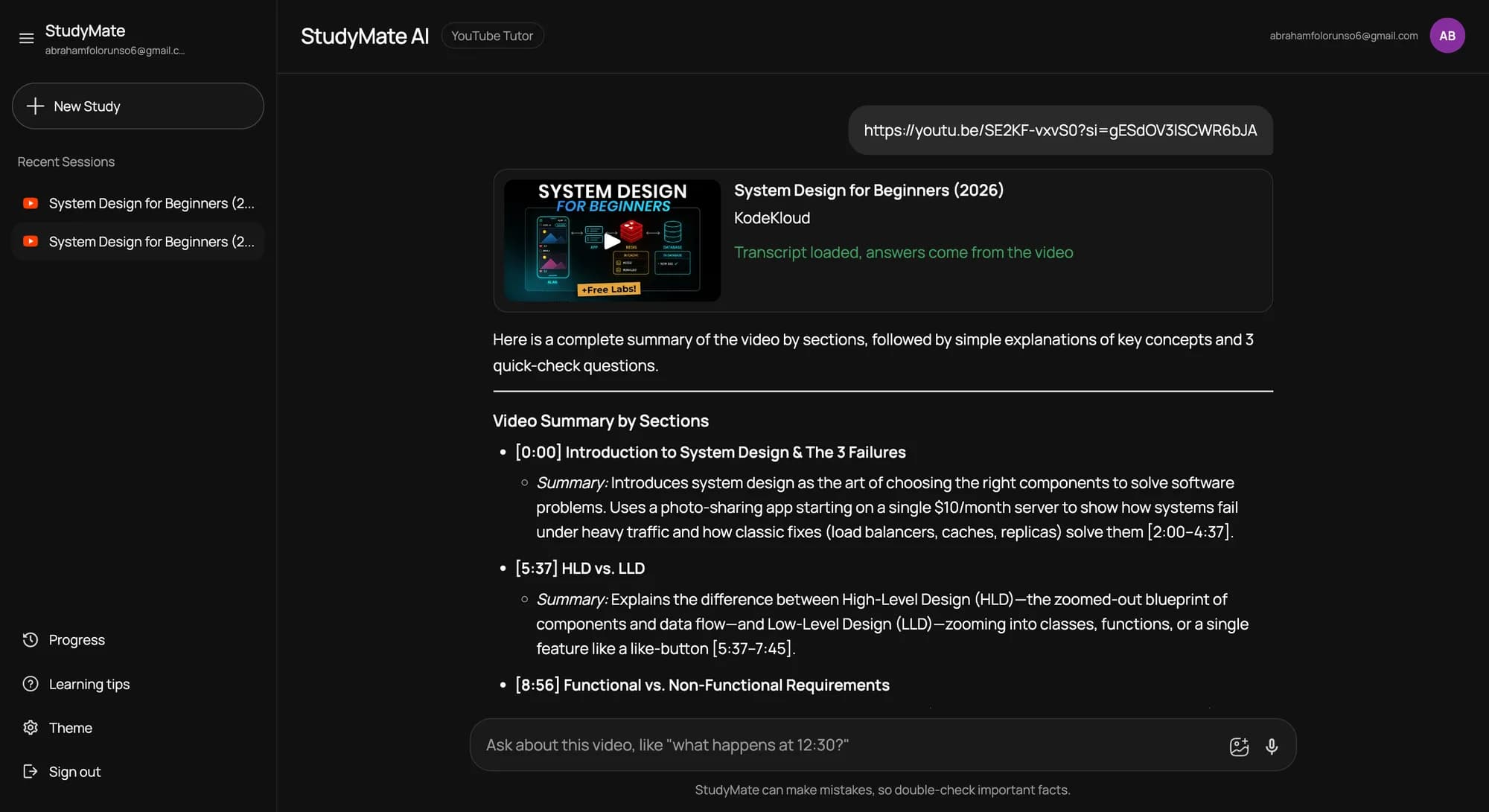 StudyMate YouTube Tutor summarising a system design lecture section by section, with timestamps