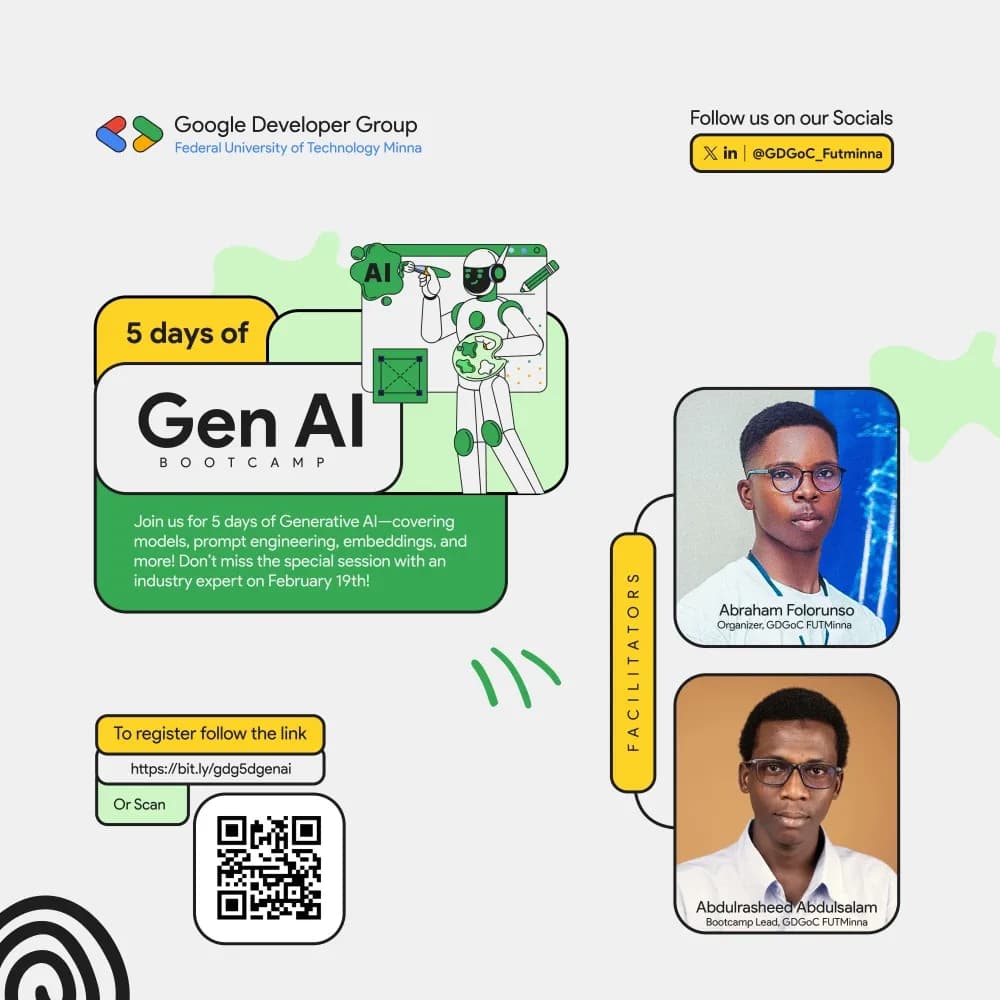 Flyer for GDG on Campus FUTMinna's 5 Days of Gen AI Bootcamp, with Abraham Folorunso as a facilitator