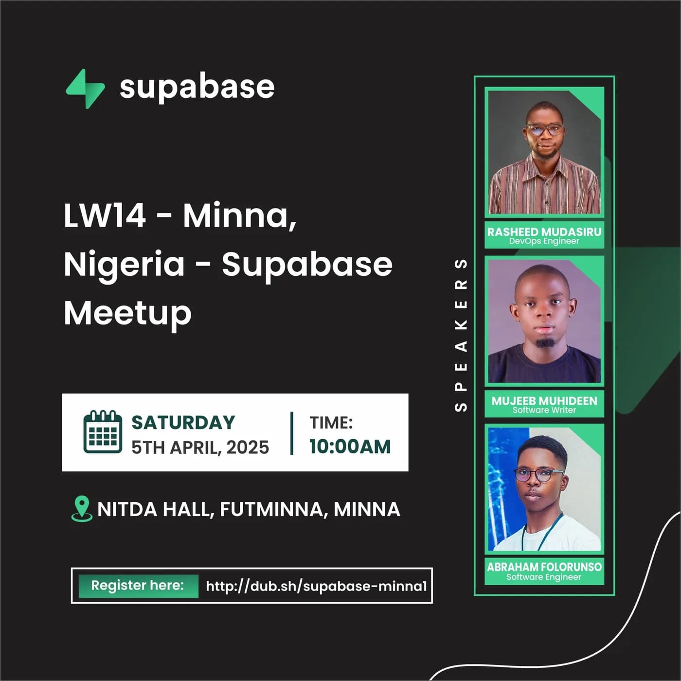 Flyer for the Supabase LW14 Minna meetup listing Abraham Folorunso among the speakers